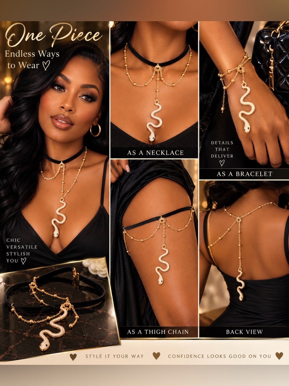 Gold Snake Pendant Multiway Necklace & Bracelet - Women Jewelry